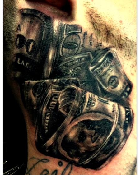Haley Adams - black and grey money tattoo on neck